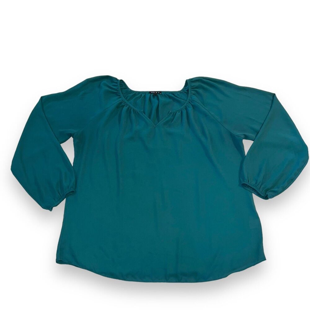 Sami & Jo Womens XL Green Peasant Blouse Balloon Sleeve VNeck Pullover Shirt Top